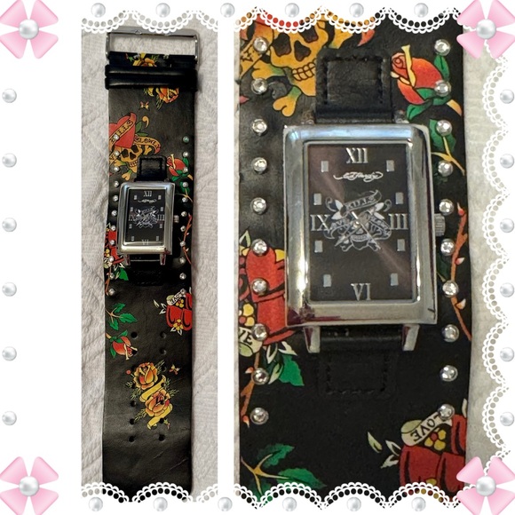 Ed Hardy Accessories - Ed Hardy vintage leather wrist watch - skull & roses - needs battery - great